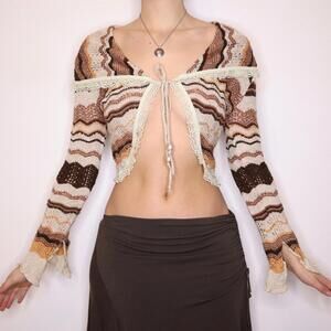 Y2K French Boho Striped Tie Up Cardigan (M) 